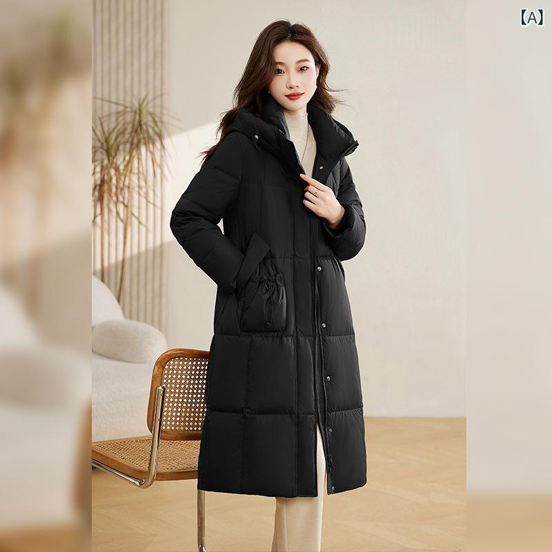 コート レディース 冬 韓国風 カジュアル ウエストマーク フード付き 膝下丈 ゆったり 厚手 ホワイトダックダウン ポリエステル 長袖 ポケット ファスナー アウター