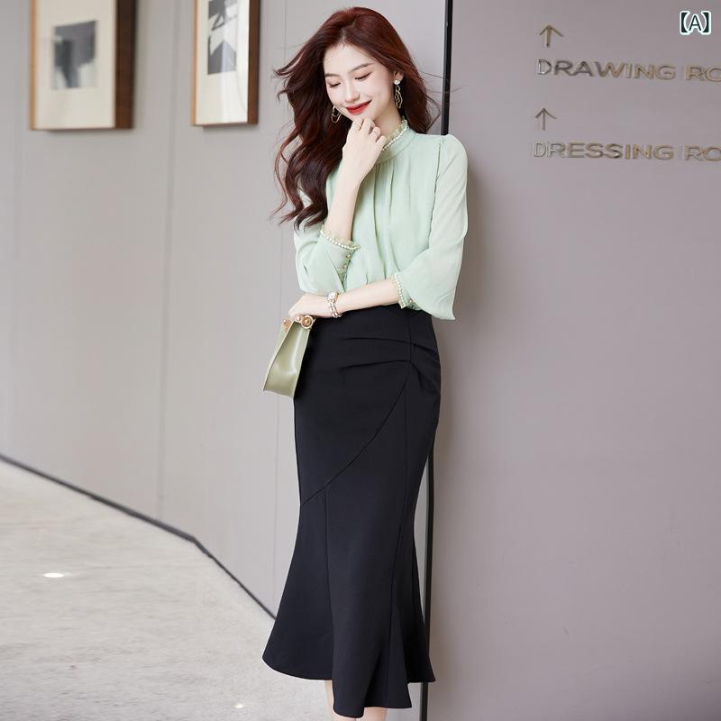 セットアップ レディース 秋 レトロ スタンドカラー ブラウス ランタンスリーブ 長袖 無地 マーメイドスカート 切り替え ミディ丈 上品 エレガント 体型カバー 細見え 若見え 着回し