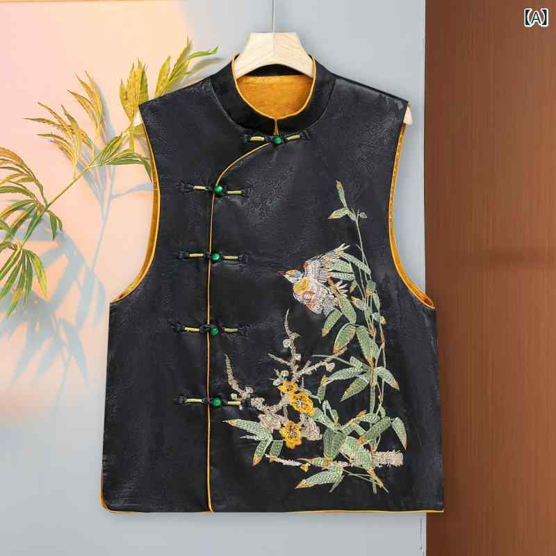 ベスト レディース ブラック 新チャイナ風 エスニック レトロ 刺繍 花柄 ジレ 中綿入り 羽織り スタンドカラー 前開き ボタン ゆったり 体型カバー ポリエステル トップス 秋冬