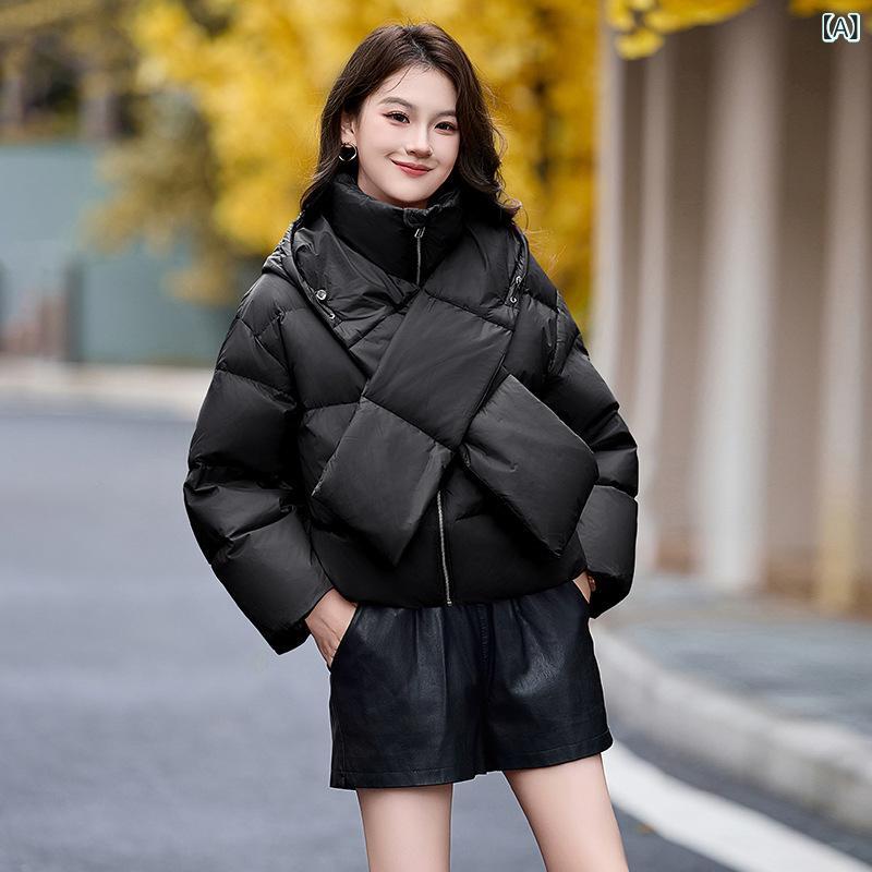 ダウンジャケット レディース ショート丈 フード付き ホワイトダックダウン 保温 防寒 ゆったり ジップアップ ポケット付き 低身長向け 大人カジュアル 冬