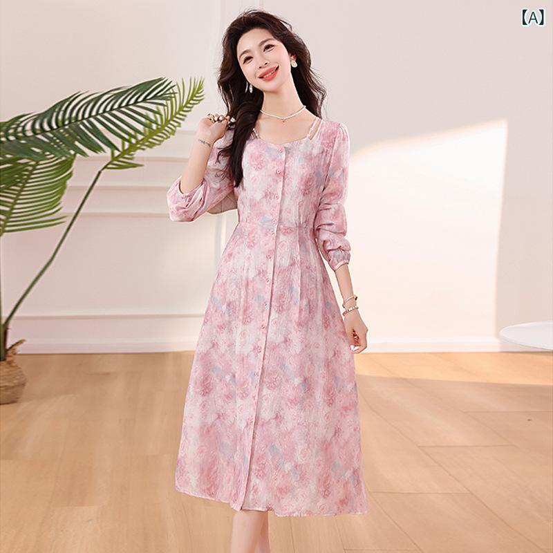 ワンピース レディース スクエアネック プリント Aライン ミディ丈 ポリエステル 上品 エレガント 大人かわいい ウエストマーク 細見え 春夏 普段使い