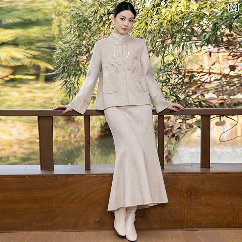 スカートセットアップ レディース 新中式 チャイナ風 刺繡 ウール混 秋冬 ハイウエスト マーメイド ロングスカート 長袖 カジュアル エレガント 甘辛ミックス