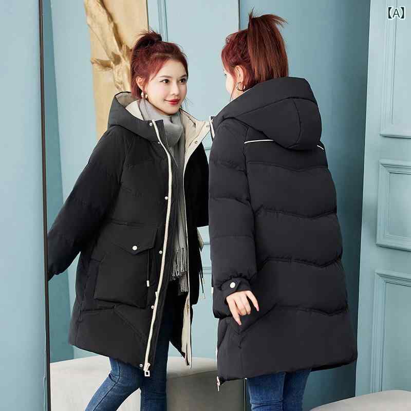 中綿コート レディース フード付き ミドル丈 冬 厚手 ゆったり オーバーサイズ 防寒 保温 ポリエステル綿 ジップアップ ポケット付き