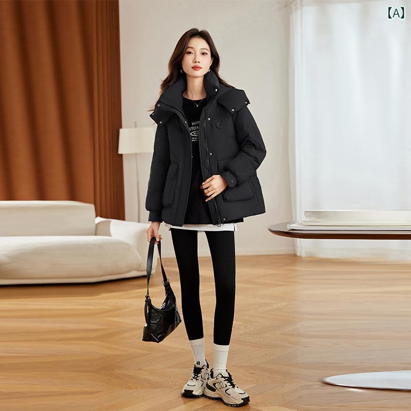 ダウンジャケット レディース 冬 ショート丈 フード付き ゆったり オーバーサイズ 厚手 白鴨ダウン 防寒 保温 暖かい ポリエステル 韓国ファッション カジュアル アウター ポケット付き ジップアップ