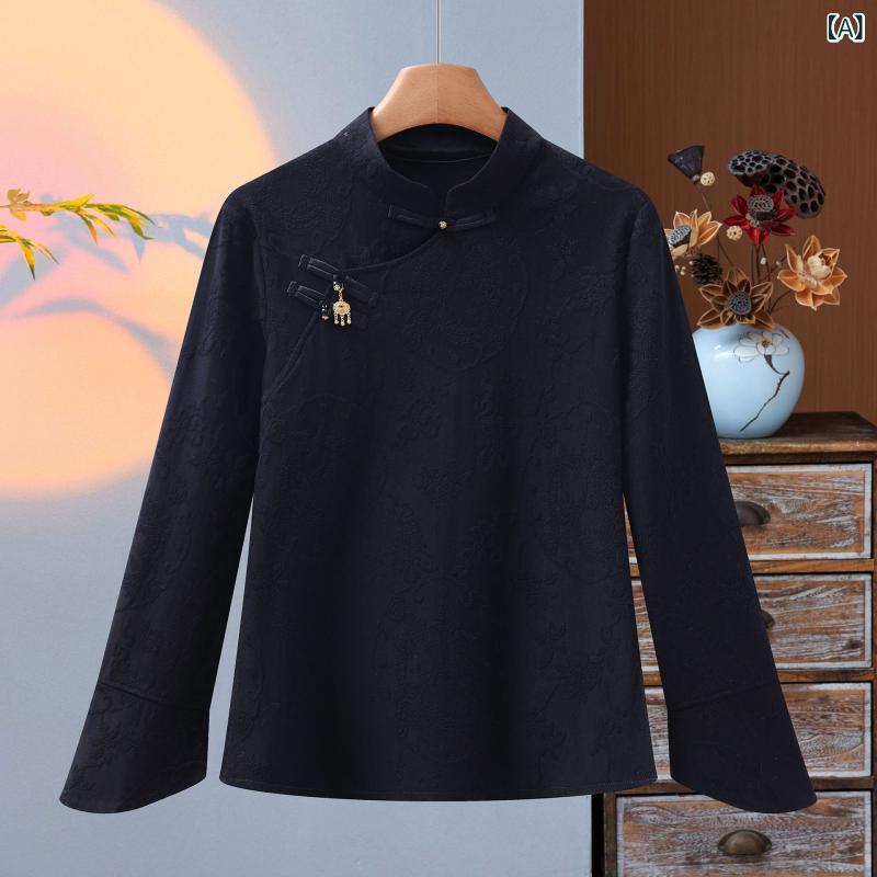 トップス レディース 新中華風 ジャガード織り チャイナボタン レトロ 高級感 インナー ゆったり ルーズシルエット ポリエステル 伸縮性 秋冬 着回し 普段使い オフィス 通勤 ブラック ホワイト カットソー