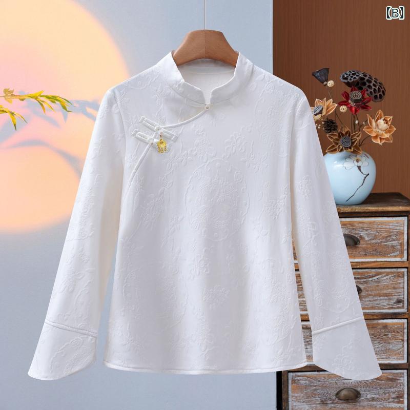 トップス レディース 新中華風 ジャガード織り チャイナボタン レトロ 高級感 インナー ゆったり ルーズシルエット ポリエステル 伸縮性 秋冬 着回し 普段使い オフィス 通勤 ブラック ホワイト カットソー