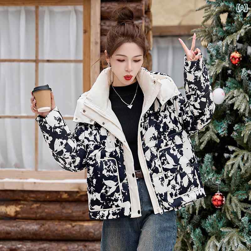 ダウンジャケット レディース 秋冬 ショート丈 フード付き プリント柄 低身長向け ホワイトダックダウン 高品質 ポリエステル 厚手 ゆったり ルーズフィット カジュアル 防寒 アウター