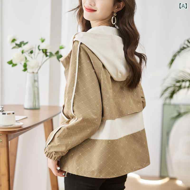 アウター レディース ショート丈 フード付き ゆったり ビッグシルエット 体型カバー 切り替え 配色デザイン ジップアップ 長袖 コットン ナイロン カジュアル ファッション 秋 カーキ ライトブルー