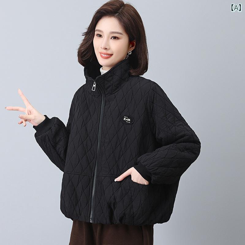 中綿ジャケット レディース 女性向け ママ世代 ミセス 薄手 低身長向け スタンドカラー ゆったり オーバーシルエット 上品 カジュアル ポリエステル綿 秋冬 ブラック ブラウン