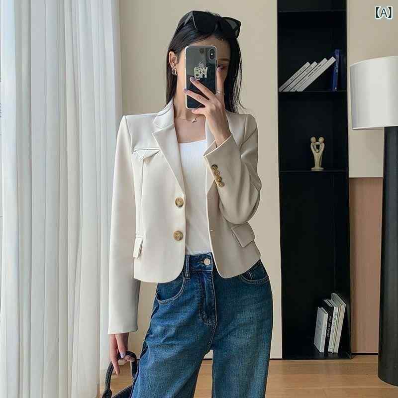 Coat - ジャケット レディース 女性用 ショート丈 アウター テーラードカラー 長袖 オフホワイト アイボリー ポリエステル 高級感 カジュアル 普段使い オフィス 通勤 低身長向け スタイルアップ 細見え フェミニン きれいめ 秋冬
