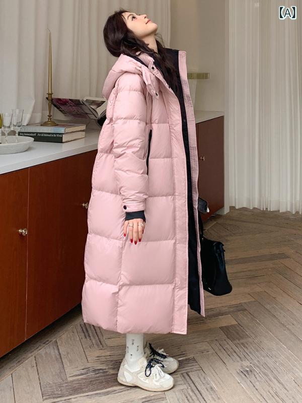 ダウンコート レディース 冬 フード付き ウエストマーク ロング丈 膝下丈 オーバーサイズ 韓国風 カジュアル ホワイトダックダウン ポリエステル 防寒 保温 ピンク アイボリー アウター