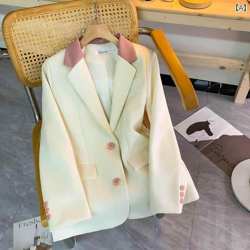 Coat - ジャケット レディース 高級感 エレガント 韓国ファッション ホワイト ピンク襟 テーラードカラー シングルボタン ミドル丈 ジャストフィット ポリエステル きれいめ 通勤 オフィス カジュアル 春秋 アウター