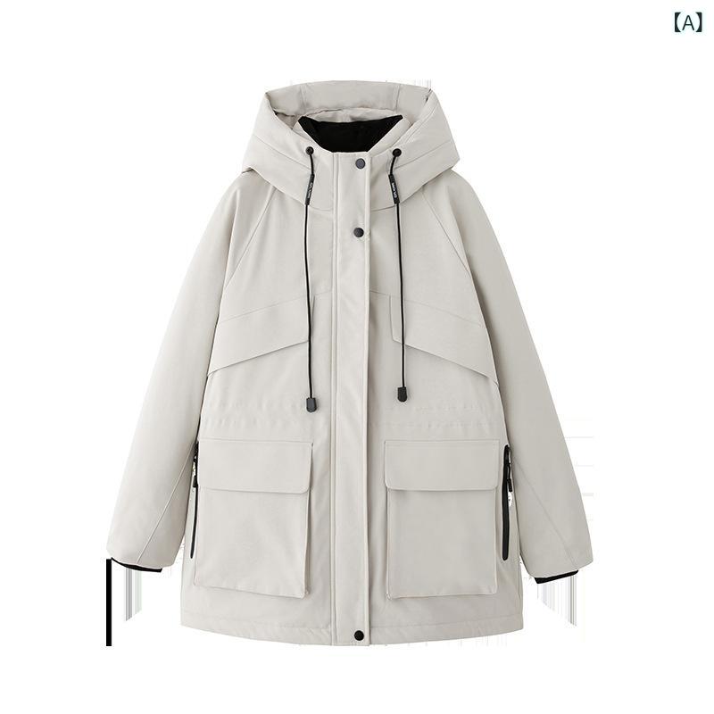 ダウンジャケット レディース 秋冬 韓国スタイル ウエストマーク フード付き 厚手 保温 防寒 ホワイトダックダウン ポリエステル ゆったり カジュアル アウター 白 黒