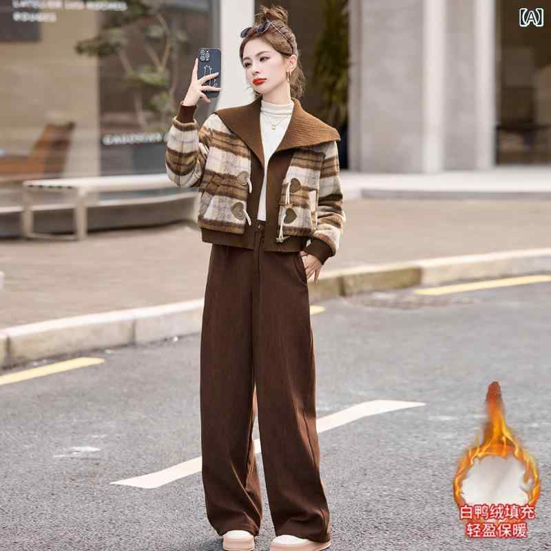 ダウンジャケット レディース 秋冬 カジュアル 厚手 ポリエステル 高品質ダックダウン コーデュロイ ワイドパンツ ルーズシルエット セットアップ