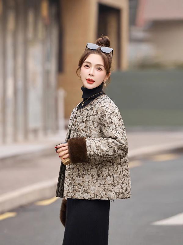 ダウンジャケット レディース 中華風 90% ホワイトダックダウン 厚手 小柄 ショート丈 ゆったり ビッグシルエット ラウンドネック ジップアップ ポケット付き 防寒 アウター 秋冬 冬物 ポリエステル