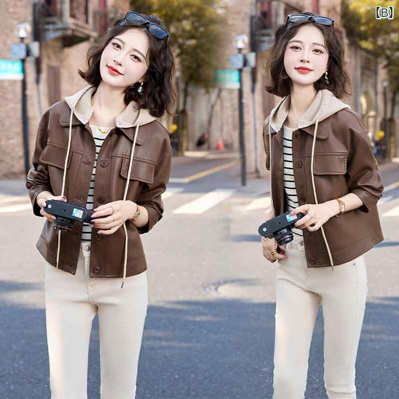 アウター レディース PUレザー 合皮 ジャケット フード付き 防風 ゆったり ルーズシルエット 韓国風 エレガント 上品 シンプル スマート 小柄 低身長向け 秋冬 ブラック ブラウン系