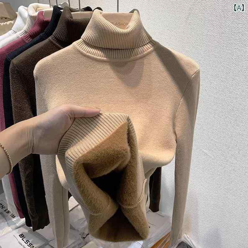 ニット レディース 女性用 秋冬 一体型裏起毛 厚手 保温 無地 ハイネック 長袖 プルオーバー スリムフィット インナー トップス カジュアル おしゃれ 再生繊維
