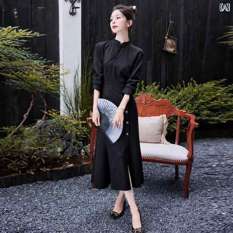 ワンピース チャイナ風 隠れ柄 ロング丈 エレガント 上品 スタンドカラー 長袖 マーメイドライン レトロ ヴィンテージ スタイルアップ 着痩せ効果 秋冬 ポリエステル 黒 イエロー系 ハイウエスト