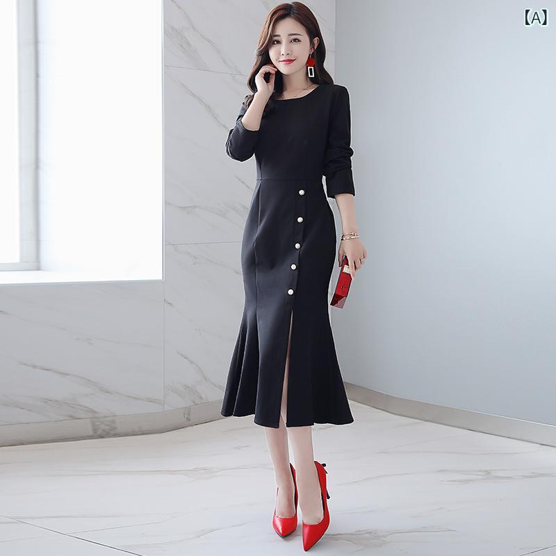 ワンピース レディース 長袖 無地 マーメイドスカート ミディ丈 ハイウエスト スタイルアップ 着痩せ効果 フレンチロマンチック 上品 きれいめ 通勤 オフィス フォーマル 秋冬 ポリエステル