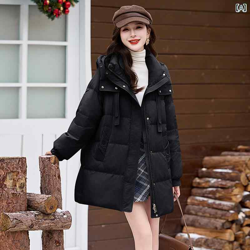 ダウンジャケット レディース 冬 厚手 暖かい おしゃれ 上品 フード付き スタンドカラー シンプル ゆったり 90%ホワイトダックダウン ミドル丈 コート アウター 防寒 保温 ポリエステル カジュアル