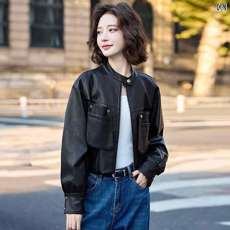 乐天商城 - レザージャケット レディース ショート丈 スタンドカラー PUレザー 合皮 無地 秋冬 アウター 女性用 カジュアル 上品 スタイリッシュ シンプル ベーシック 着回し