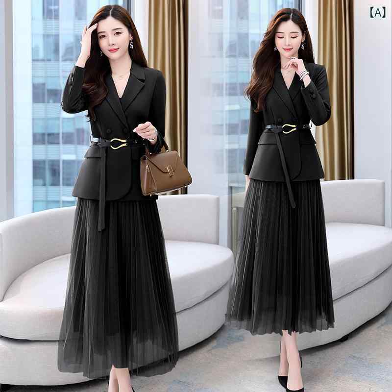 セットアップ レディース オフィス 通勤 ビジネス きれいめ 上品 エレガント シンプル おしゃれ ウエストマーク 細見え スタイルアップ ロングスカート 長袖 ツーピース ポリエステル 秋冬