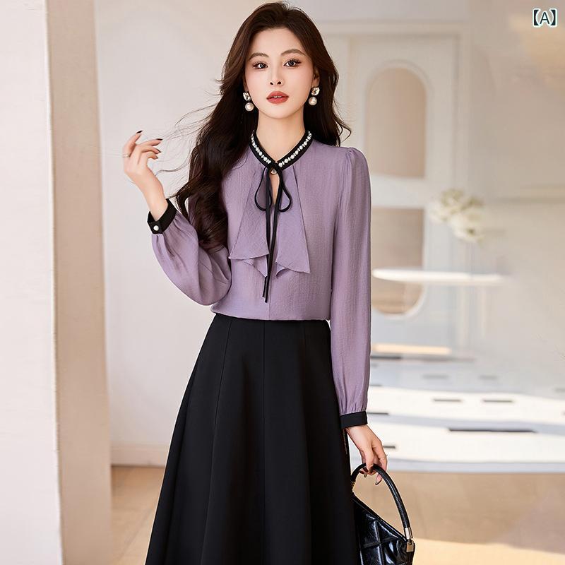 ・カテゴリ: カジュアルセットアップ・スタイル: 日韓カジュアル・対象性別: レディース・スカート丈: ミディ丈・袖丈: 長袖・袖のタイプ: シャツスリーブ・柄: 無地・要素: リボン・加工: パッチワーク、切り替え・生地: テンセルサテン...