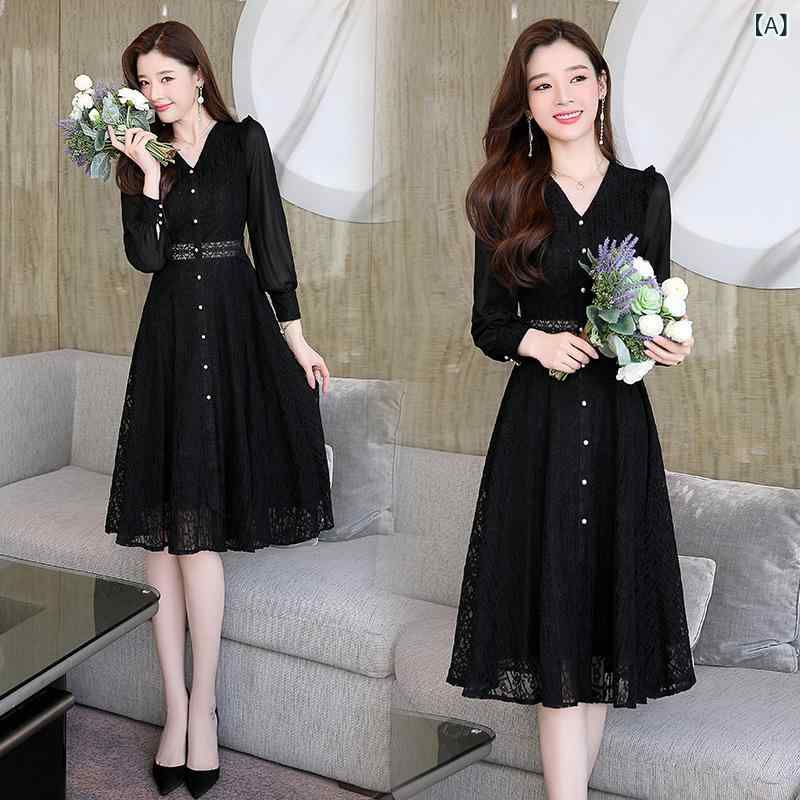 ワンピース ドレス レディース 無地 レース Vネック 長袖 ハイウエスト Aライン ミディ丈 ウエストマーク 着痩せ 通気性 綿 ナイロン ブラック レッド 通勤 オフィス 秋冬