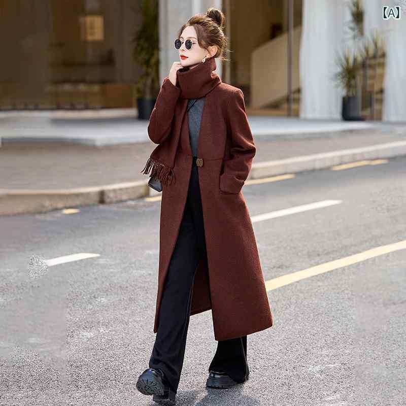 コート レディース Vネック 取り外し可能 ネックウォーマー付き ロング丈 ミドル丈 ウール 羊毛混 ゆったり ドロップショルダー エレガント 通勤 オフィス カジュアル きれいめ イージーケア 程よい厚み 秋冬物