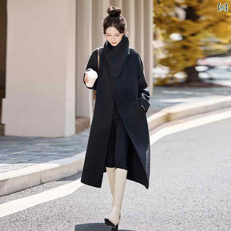 コート レディース 秋冬 ゆったり ミドルロング丈 襟巻き付き ダブルフェイス ウール混 アウター エレガント 上品 通勤 オフィス ドロップショルダー 長袖