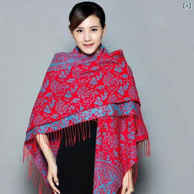 ショール レディース 秋冬 エスニック レトロ 麗江青花磁器柄 カシミヤ風 大判 正方形 フリンジ ストール スカーフ ひざ掛け 羽織り 保温 防寒対策 やわらか 肌触り 普段使い お出かけ 上品