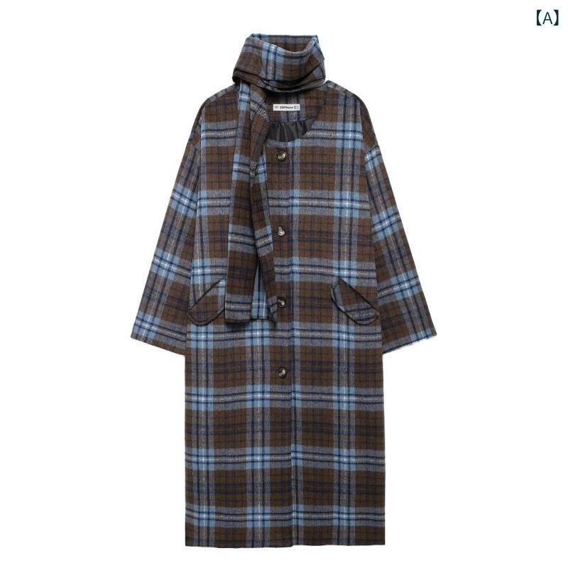 コート レディース 秋冬 ストール風 チェック柄 ロング丈 ノーカラー ドロップショルダー ウールライク シングルボタン 高級感 ゆったり アウター ブルーグレー レトロ エレガント(4.0)