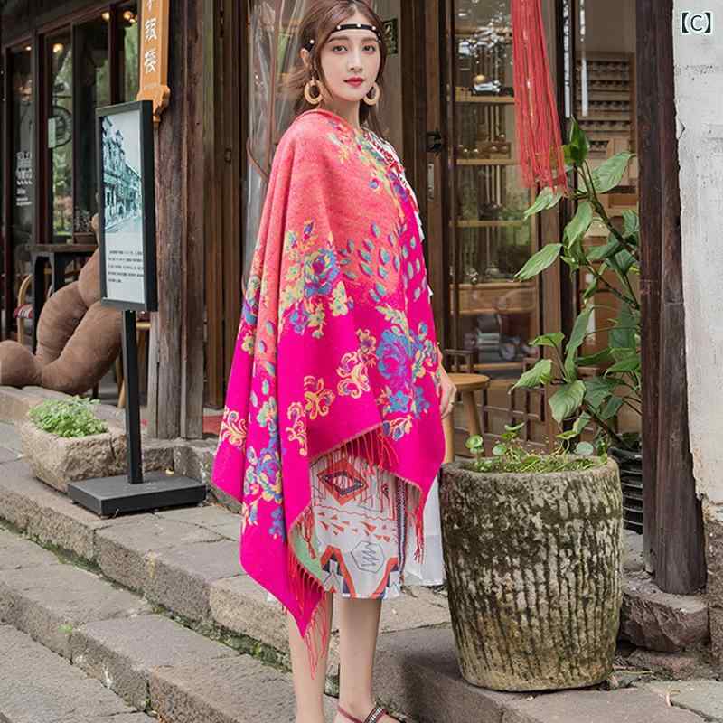 ショール レディース 大判 厚手 ヒョウ柄 エスニック風 カシミヤタッチ 2way 防寒 保温 羽織り 綿混 ポリエステル 正方形 140cm 旅行 アウトドア オフィス カジュアル 普段使い スカーフ 民族柄 秋冬