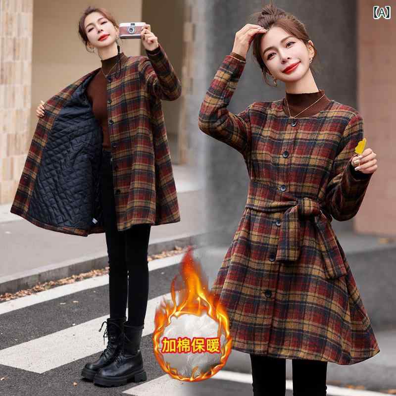 コート レディース メルトン ウール混 ゆったり オーバーサイズ ロング丈 チェック柄 スカーフカラー 中綿入り 厚手 防寒 保温 おしゃれ 上品 通勤 秋冬(4)