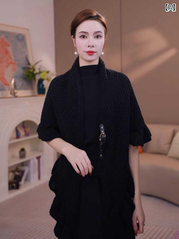 ショール レディース ニット カシミヤタッチ レザーバックル ポンチョ ケープ 三角形 保温 暖か エレガント 普段使い デイリーユース 秋冬 ストール(4)