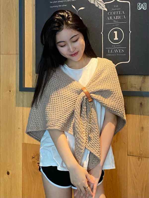 ショール レディース 女性用 ニット 大判 三角形 韓国風 カジュアル エレガント 上品 透かし編み チェーン レザーバックル 合わせやすい 着回し 暖かい 保温 防寒 秋冬