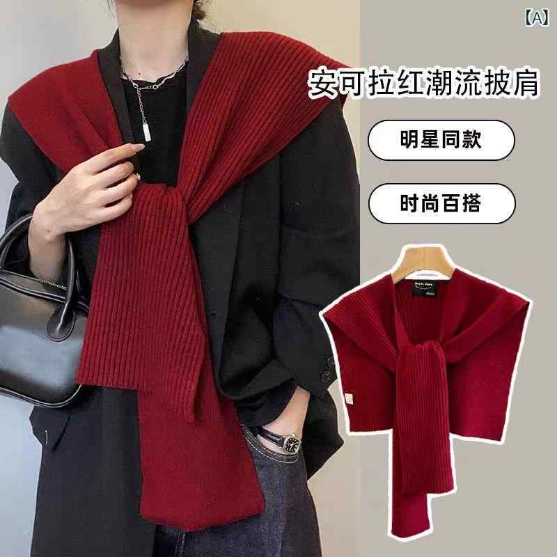 ショール レディース レッド 赤 羊毛 ウール ニット ストール 羽織り カーディガン ボレロ 冷房対策 防寒 保温 多機能 着回し抜群 上品 高級感 無地 シンプル オフィス カジュアル 普段使い