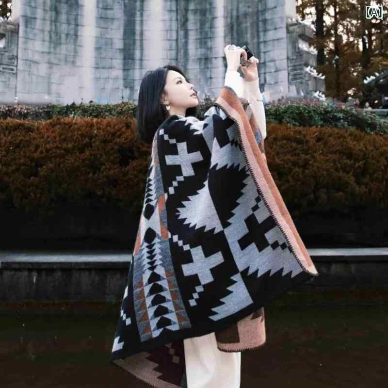 ショール レディース 秋冬 チェック柄 大判 カシミヤ調 ポンチョ ケープ ストール 厚手 スリット入り ..