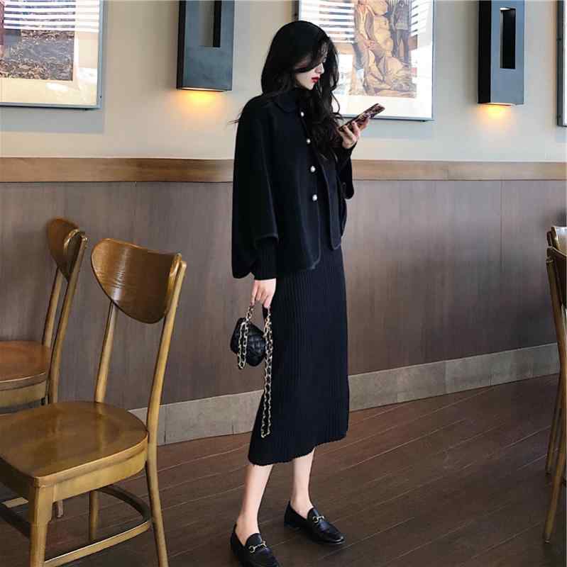 Rakuten - ワンピース レディース 女性用 ケープコート ニット セットアップ ツーピース 秋冬 黒 ブラック ロング丈 切り替え 無地 エレガント 大人カジュアル きれいめ ポリエステル お出かけ 普段使い