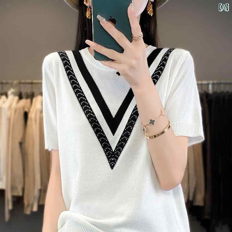 ニット Tシャツ レディース 接触冷感 薄手 ゆったり ルーズ 体型カバー 着痩せ 切り替え 配色 デザイン 五分袖 プルオーバー クルーネ..