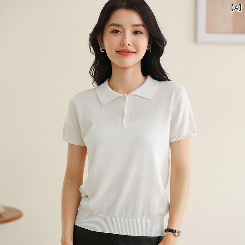 Tシャツ レディース 女性用 春夏 綿100% コットン 天然素材 ポロ襟 半袖 ベーシック シンプル 無地 カジュアル きれいめ オフィス 通勤 デイリーユース 着回し ニットトップス