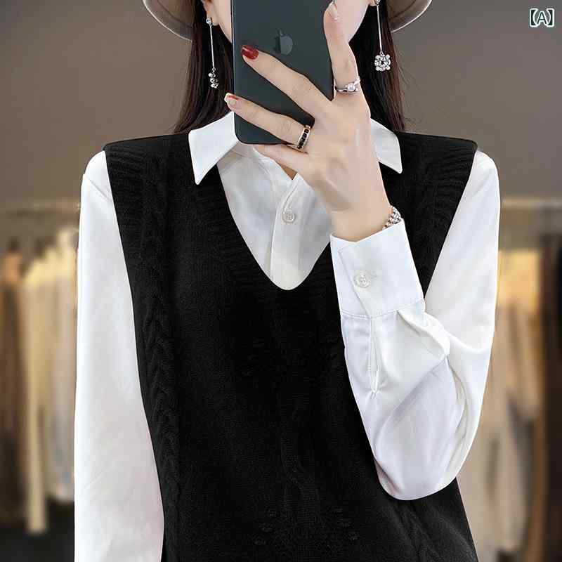 ベスト レディース Vネック プルオーバー アクリルニット 再生繊維混 秋冬 ゆったり ジャガード柄 厚手 カジュアル きれいめ 重ね着 トップス