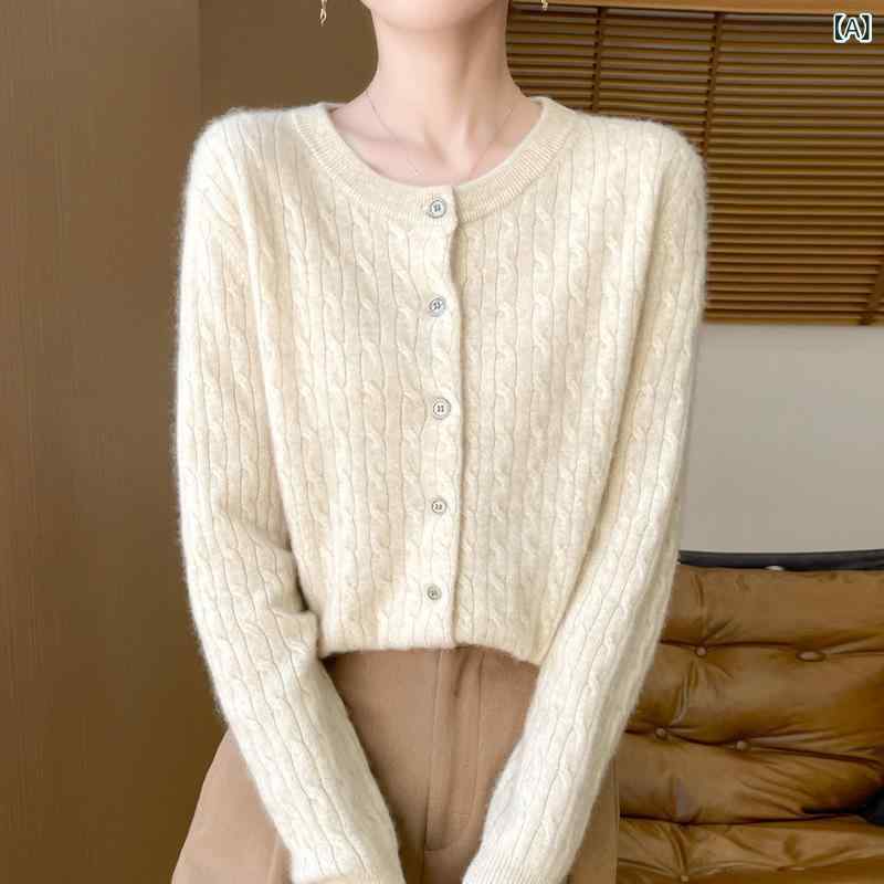 ニット レディース 秋冬 ラウンドネック ケーブル編み カーディガン アクリル モダール 厚手 暖かい ゆったり 体型カバー カジュアル 韓国ファッション セーター ミドル丈