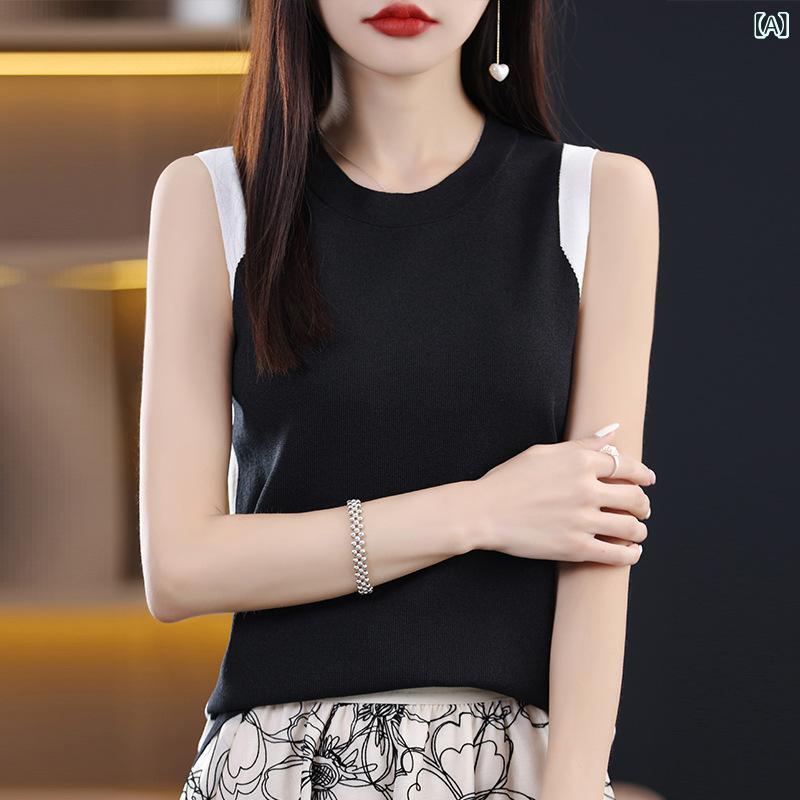 タンクトップ レディース 女性用 接触冷感 ニット 配色切り替え ラウンドネック ノースリーブ キャミソール 春夏 薄手 スリムフィット 上品 エレガント 着回し 万能