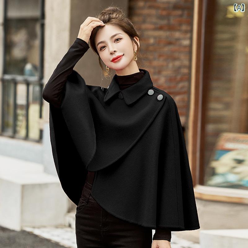 ポンチョコート レディース 秋冬 韓国ファッション カジュアルスタイル ダブルフェイス カシミヤ ウール 厚手 ケープ ショート丈 襟付き 低身長向け 小柄 高級感