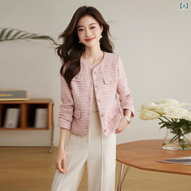 ジャケット レディース 上品 エレガント きれいめ 甘辛ミックス ソフト 通勤 オフィス 長袖 ラウンドネック レギュラー丈 ポリエステル 春夏 無地 切り替えデザイン ピンク ベージュ