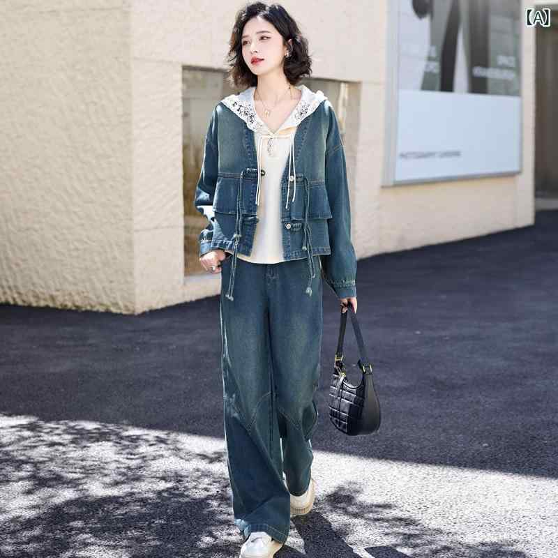 セットアップ レディース 秋 フード付き パーカー デニムパンツ 3点セット レトロ ヴィンテージ 上品 エレガント シンプル カジュアル 普段使い おしゃれ 綿 長袖 ドロップショルダー ロング丈(4.0)