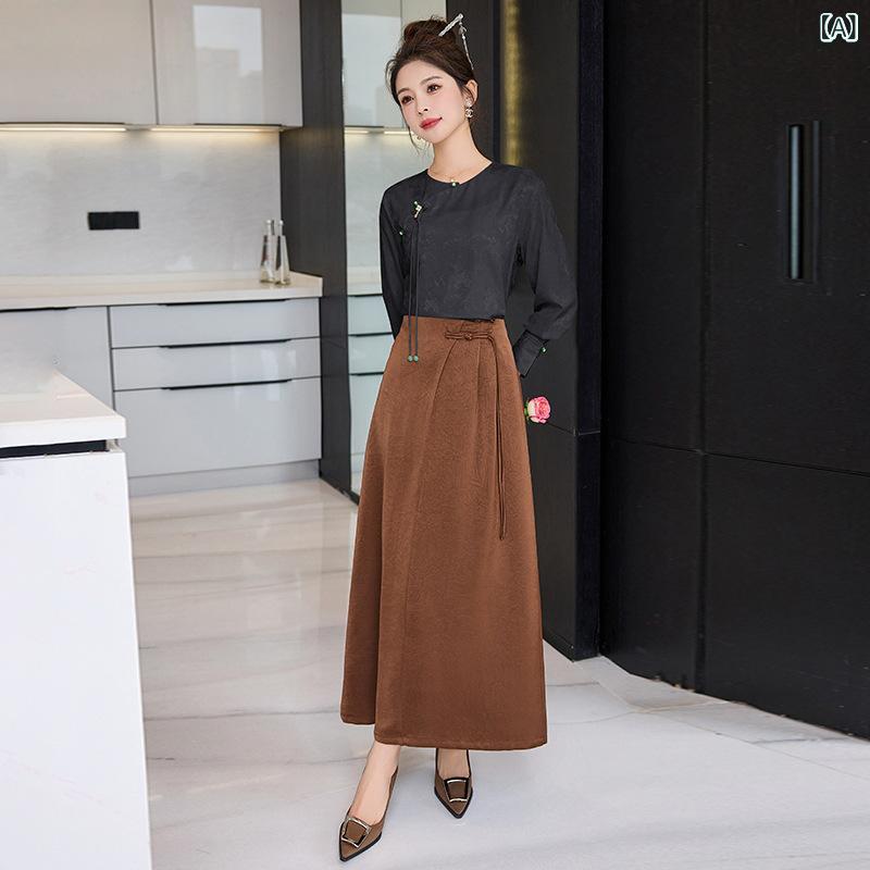 セットアップ レディース 秋冬 新チャイナ風 上品 エレガント モダン レトロ ジャカード織り スタイルアップ 細見え スリムフィット 着回し力抜群 高見え ポリエステル ロングスカート
