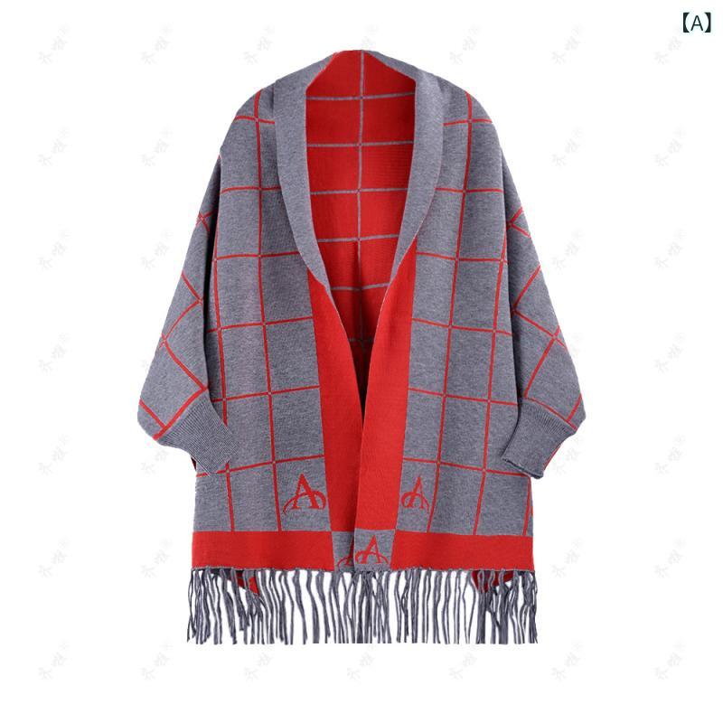 ストール レディース 秋冬 両面 格子柄 フェイクカシミヤ フリンジ 袖付き ポンチョ ケープ ロング丈 ..
