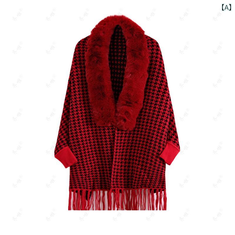 Coat - ニット レディース 春秋 ポンチョ ショール カーディガン 千鳥格子 フェイクミンク 大判 ファー襟 フリンジ Vネック ゆったり ビッグシルエット 羽織り 体型カバー アクリル 厚手 通勤 オフィス エレガント